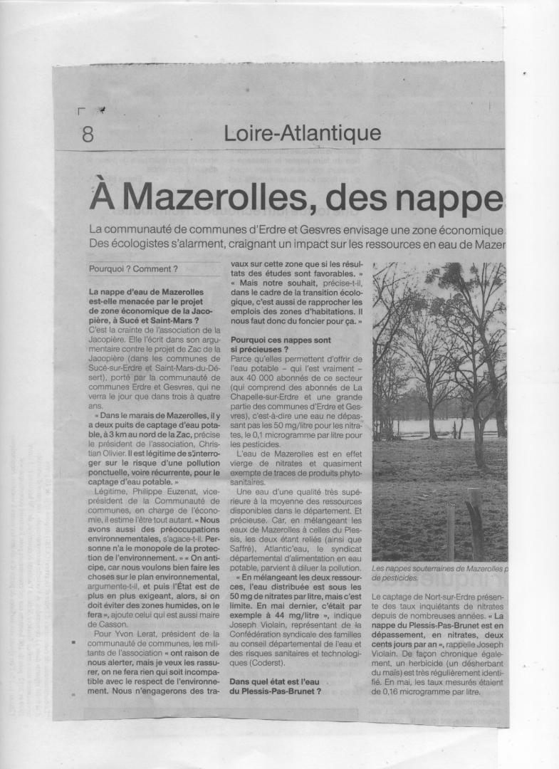 Les dangers du projet de zone industrielle sur la nappe phréatique selon article Ouest France du 29 Octobre 2020
